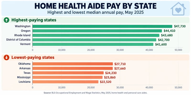 A chart comparing home health aide pay by state in May 2025, with Washington highest at $47,730 and Louisiana lowest at $22,520, alongside Oregon, Rhode Island, Washington, D.C., Vermont, Oklahoma, Arkansas, Texas, and Mississippi.