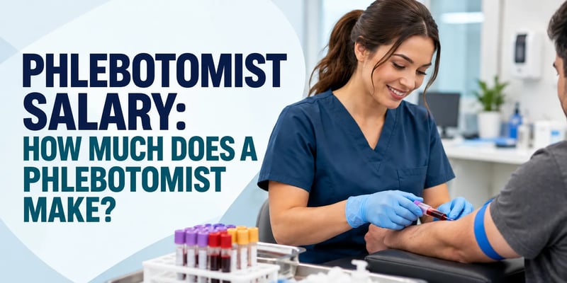 A phlebotomist in navy scrubs draws blood from a patient, with the text Phlebotomist Salary: How Much Does a Phlebotomist Make?