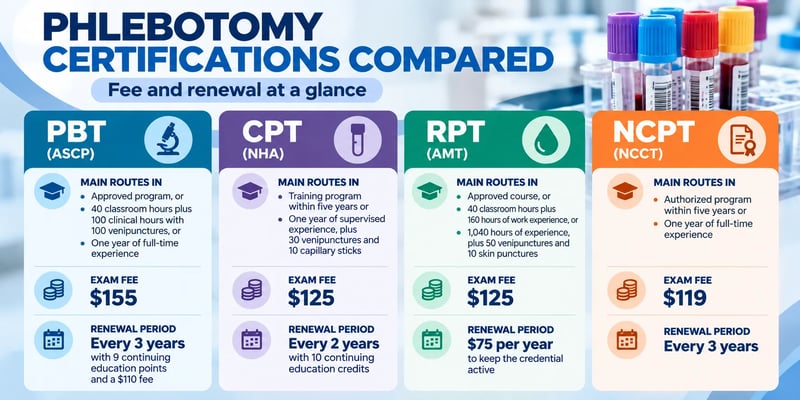 A comparison of four phlebotomy certifications: PBT from ASCP costs $155 and renews every three years, CPT from NHA costs $125 and renews every two years, RPT from AMT costs $125 with a $75 annual maintenance fee, and NCPT from NCCT costs $119 and renews every three years.
