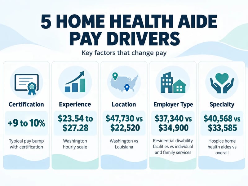 A Home Health Aide Pay Drivers graphic showing five factors that can affect earnings: certification, experience, location, employer type, and specialty.