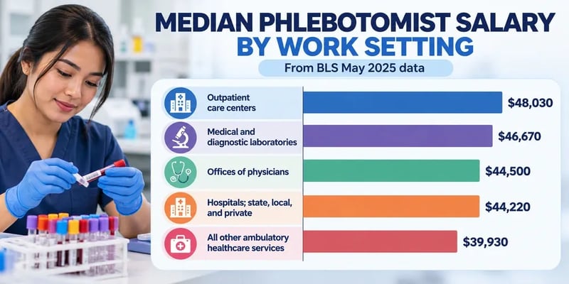 A chart of May 2025 median phlebotomist salaries by work setting: $48,030 in outpatient care centers, $46,670 in medical and diagnostic laboratories, $44,500 in physicians’ offices, $44,220 in hospitals, and $39,930 in other ambulatory healthcare services.