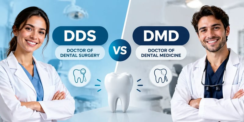 A split comparison of two smiling dentists in white coats: DDS, Doctor of Dental Surgery, versus DMD, Doctor of Dental Medicine, a large tooth model between them.
