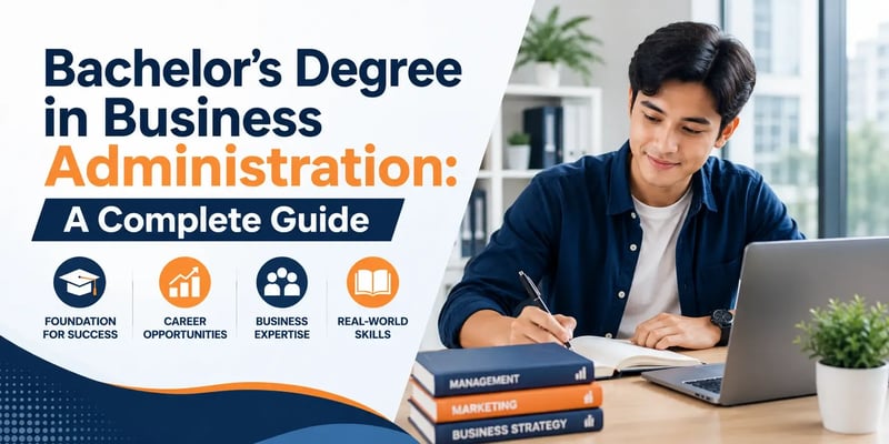 Student studying business administration with a laptop, notebook, business textbooks, and career-focused education icons.