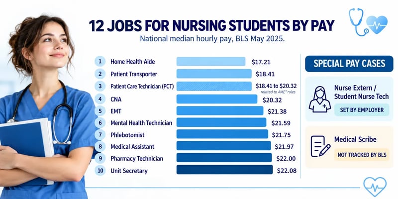 A 12 Jobs for Nursing Students by Pay graphic comparing national median hourly wages, from $17.21 for home health aides to $22.08 for unit secretaries, with nurse extern pay set by employers and medical scribe pay not tracked by BLS.