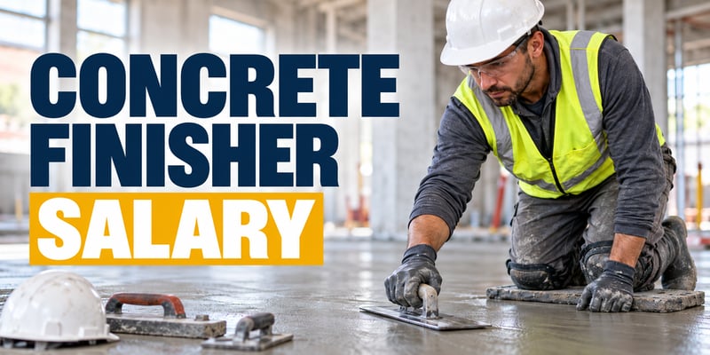 A concrete finisher wearing a hard hat, safety glasses, gloves and a high-visibility vest smooths a fresh concrete slab with a hand trowel