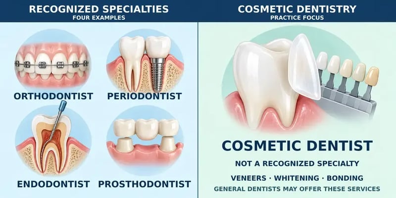 Split in two: four recognized specialties, orthodontist, periodontist, endodontist, and prosthodontist, beside the cosmetic dentist, labeled not a recognized specialty, for veneers, whitening, and bonding general dentists may offer.