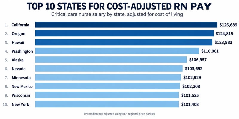 A chart of the 10 states with the highest cost-adjusted RN pay, led by California at $126,689, Oregon at $124,815, and Hawaii at $123,983.