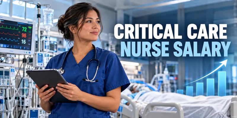 A critical care nurse in blue scrubs holds a tablet beside ICU monitors and medical equipment, with the text Critical Care Nurse Salary and a rising pay chart.