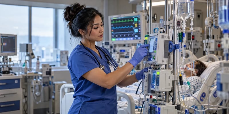 A critical care nurse adjusts IV infusion pumps while caring for a patient connected to monitoring equipment in an intensive care unit.