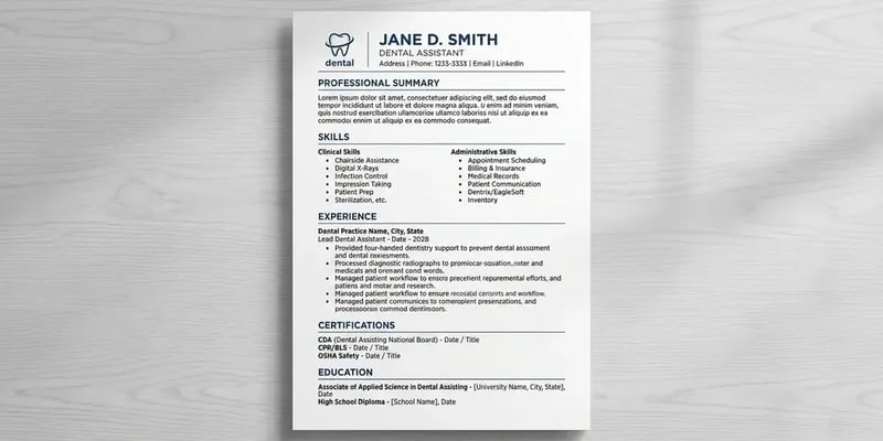 A printed resume for Jane D. Smith, dental assistant, on a light wood desk, sectioned into a professional summary, clinical and administrative skills, experience, certifications, and education.