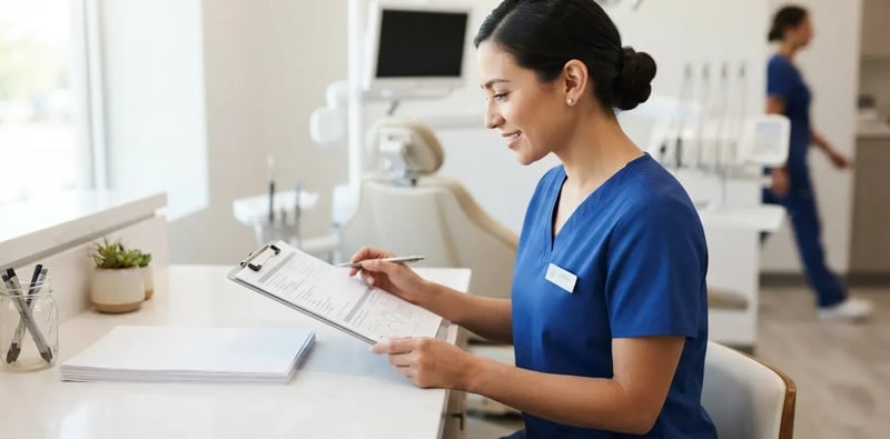 A woman in blue scrubs checks a chart on a clipboard at the front desk, a stack of forms beside her and a coworker crossing the treatment area behind.