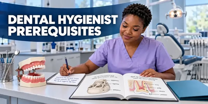 A student in lavender scrubs takes notes at a desk, an anatomy textbook open to a skull and a tooth cross-section in front of her, with the text Dental Hygienist Prerequisites.