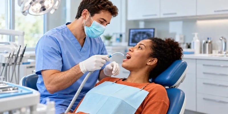 A masked man in blue scrubs holds a suction tip as a woman leans back in the chair with her mouth open, an X-ray on the monitor behind them.