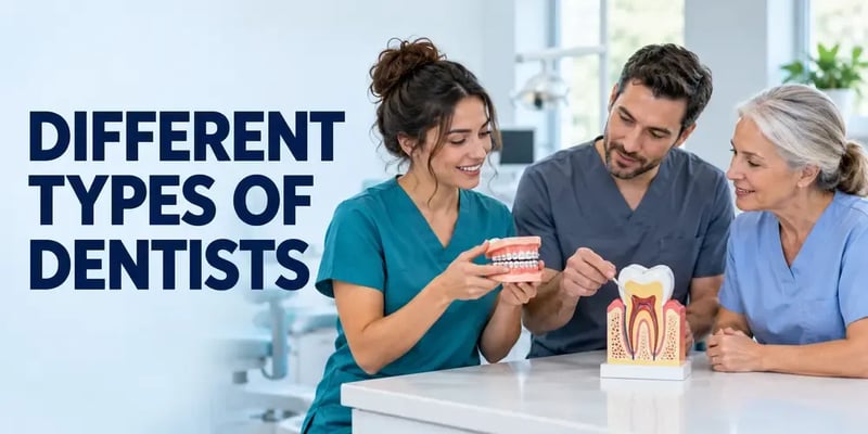 Three people in scrubs study models at a counter, one holding a braced set of teeth while another points to a cross-section tooth model, with the text Different Types of Dentists.
