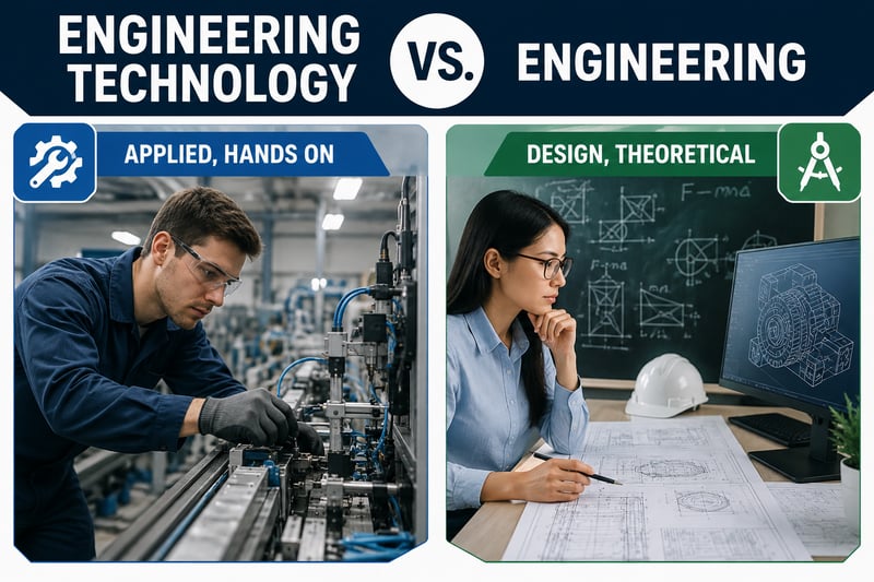 A split comparison, Engineering Technology (applied, hands-on) versus Engineering (design, theoretical): a worker adjusting factory machinery beside a woman drafting blueprints at a CAD screen.