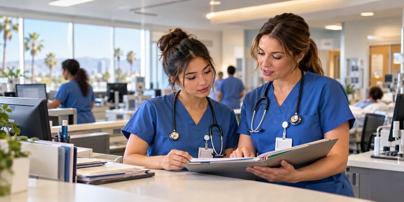 At a nurses' station, two women in blue scrubs look over an open chart binder together, a busy unit behind them.