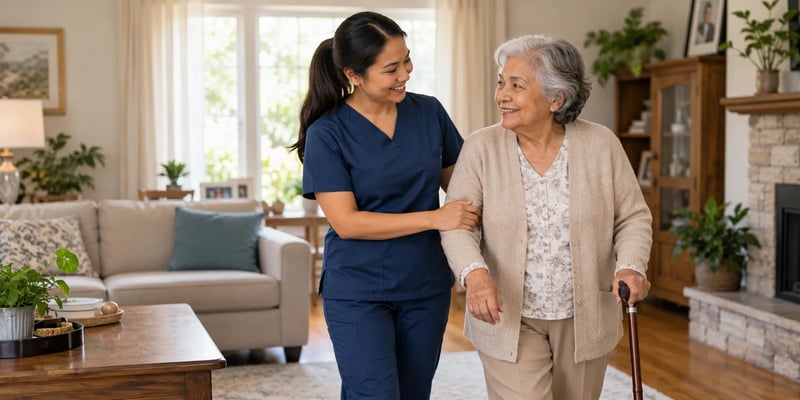 A home health aide assists an older woman using a cane as they walk together through her home.