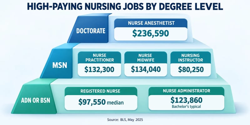 Nursing salary ladder by degree level: ADN or BSN includes registered nurses at $97,550 median pay and nurse administrators at $123,860; MSN includes nurse practitioners at $132,300, nurse midwives at $134,040, and nursing instructors at $80,250; doctorate includes nurse anesthetists at $236,590.