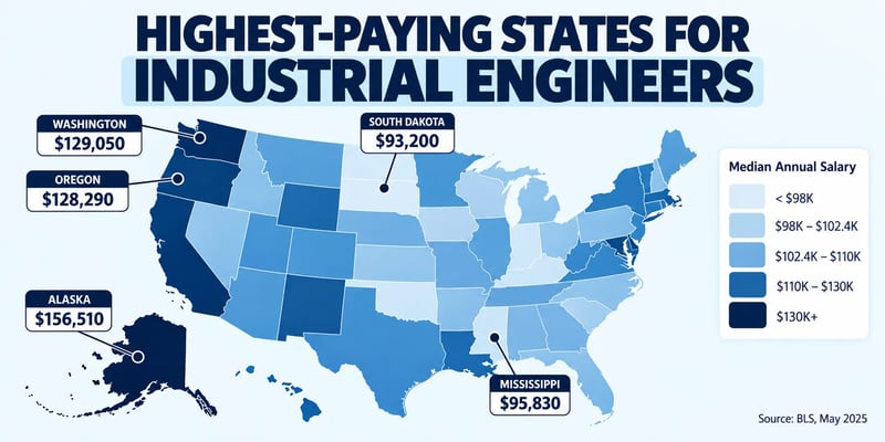 A U.S. map of industrial engineer median salaries by state, highlighting Alaska at $156,510, Washington at $129,050, and Oregon at $128,290 among the highest-paying states.