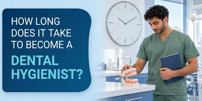Under a large wall clock, a man in green scrubs holds a binder and rests a hand on a jaw model, with the text How Long Does It Take to Become a Dental Hygienist?