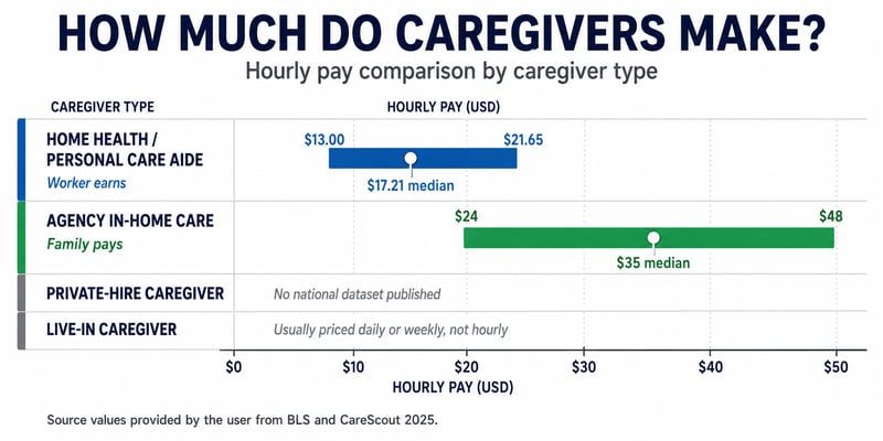 A chart headed How Much Do Caregivers Make?, comparing hourly pay: home health and personal care aides earn $13 to $21.65 (median $17.21), while agency in-home care costs families $24 to $48 (median $35); private-hire and live-in pay lack national hourly data.