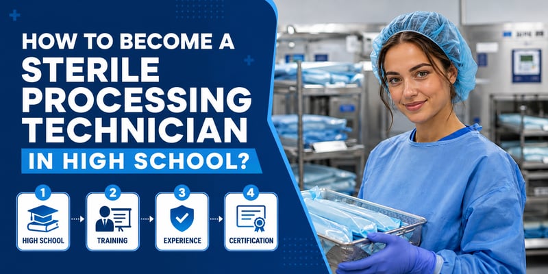 A gowned tech holds a tray of wrapped packs beside a four-step path: High School, Training, Experience, and Certification, with the text How to Become a Sterile Processing Technician in High School?