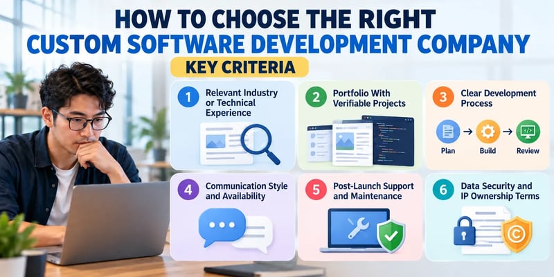 A Key Criteria graphic for choosing a custom software development company, listing six: relevant industry or technical experience, a verifiable portfolio, a clear development process, communication and availability, post-launch support, and data security and IP ownership terms.