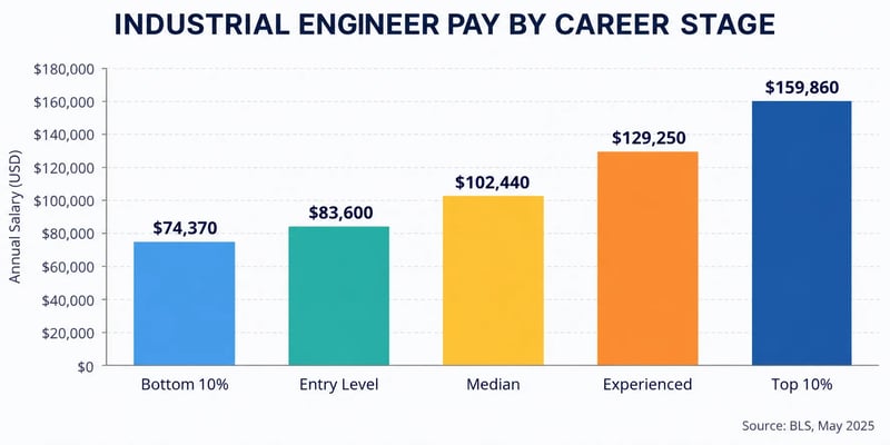 An industrial engineer pay chart showing annual salaries from $74,370 for the bottom 10% to $159,860 for the top 10%, with a median of $102,440.