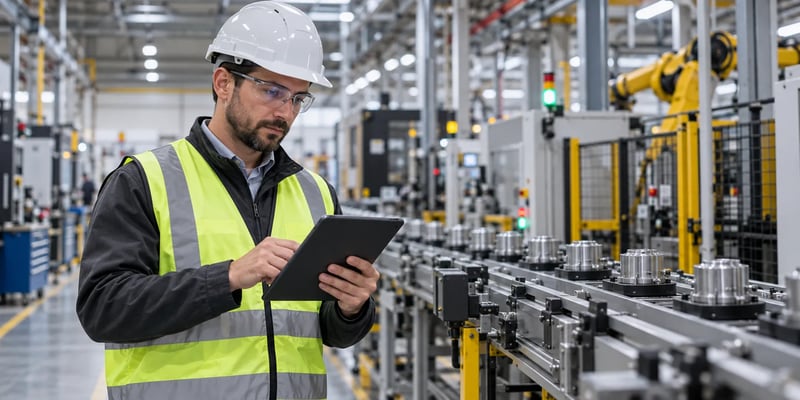 An industrial engineer wearing a hard hat and safety glasses reviews production data on a tablet beside an automated manufacturing line.