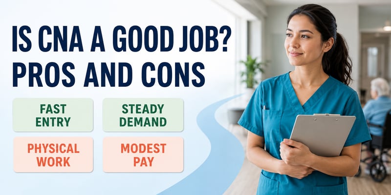 Pros Fast Entry and Steady Demand and cons Physical Work and Modest Pay beside a CNA in scrubs, with the text Is CNA a Good Job? Pros and Cons.