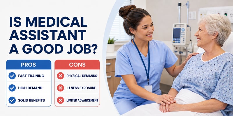 A woman in blue scrubs holds an older patient's hand at her bedside, with the text Is Medical Assistant a Good Job? and pros fast training, high demand, solid benefits against cons physical demands, illness exposure, limited advancement.