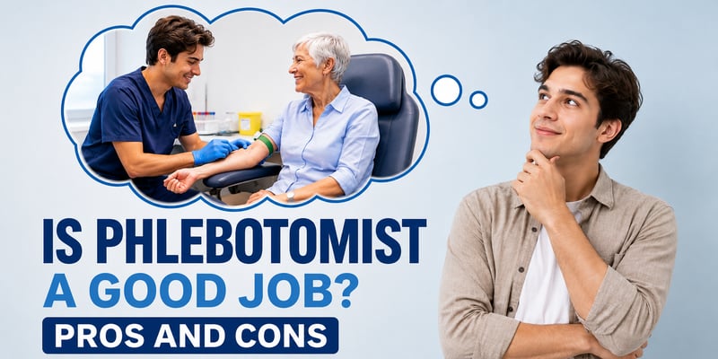 A young man rests his chin, a thought bubble showing him as a phlebotomist drawing blood, with the text Is Phlebotomist a Good Job? Pros and Cons.