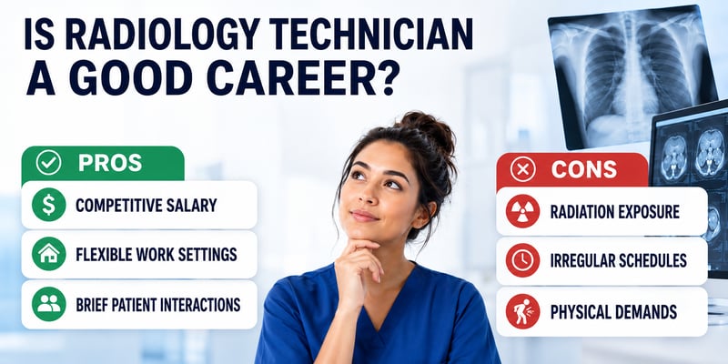 With the text Is Radiology Technician a Good Career? pros competitive salary, flexible settings, and brief patient contact, cons radiation exposure, irregular schedules, and physical demands.