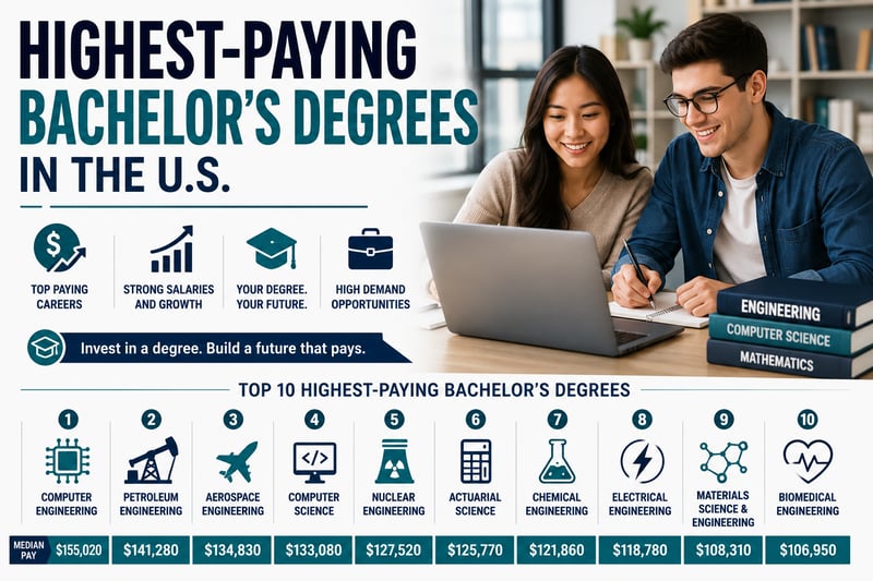 Ranked list of the 10 highest-paying bachelor's degrees in the U.S. with median pay for each.
