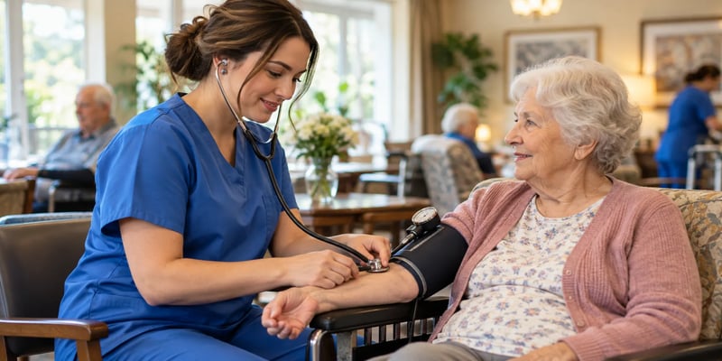 A licensed practical nurse checks an older adult’s blood pressure with a stethoscope and cuff in a residential care setting.