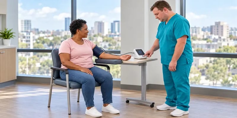 At a window with a city skyline behind them, a male medical assistant in teal scrubs starts a blood pressure reading while a seated patient rests her cuffed arm on the table.