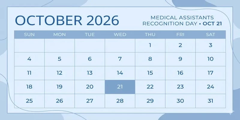 A calendar grid for October 2026 highlighting Wednesday the 21st, labeled Medical Assistants Recognition Day.