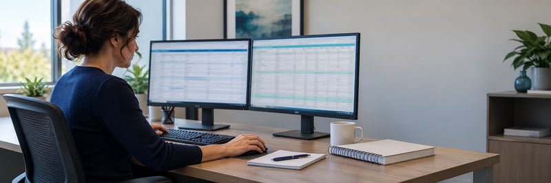 Medical billing and coding professional working at a computer in an office