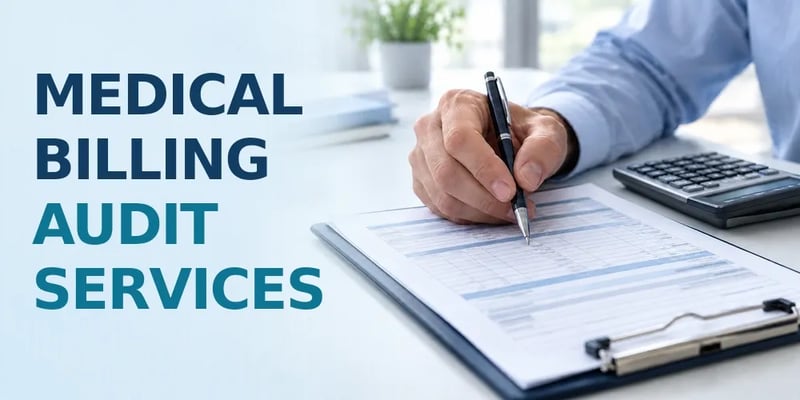 A hand in a blue shirt cuff holds a pen over a claim form on a clipboard, a calculator beside it, with the text Medical Billing Audit Services.