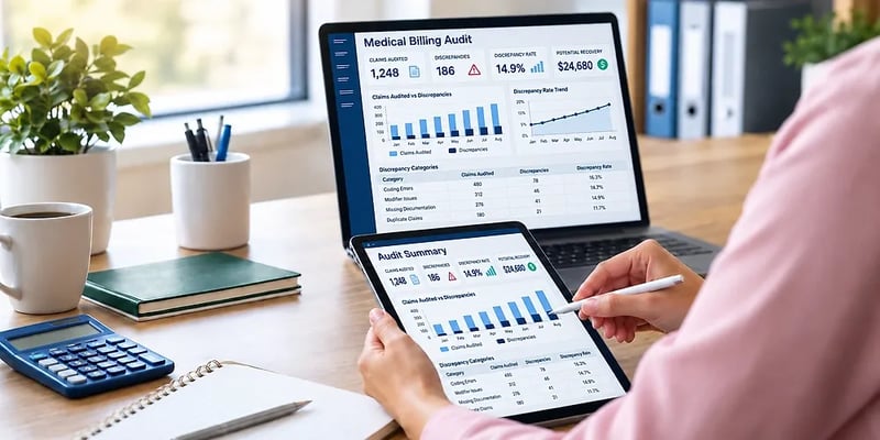 Over her shoulder, a woman holds a tablet with an audit summary while a laptop shows a medical billing audit dashboard: 1,248 claims audited, 186 discrepancies, a 14.9% discrepancy rate, and $24,680 in potential recovery.