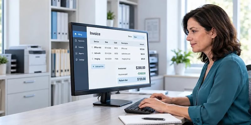 A woman types at a monitor showing billing software with an open invoice: an office visit, lab work, and an X-ray totaling $280.00, less $160.00 insurance paid, leaving $120.00 patient due.