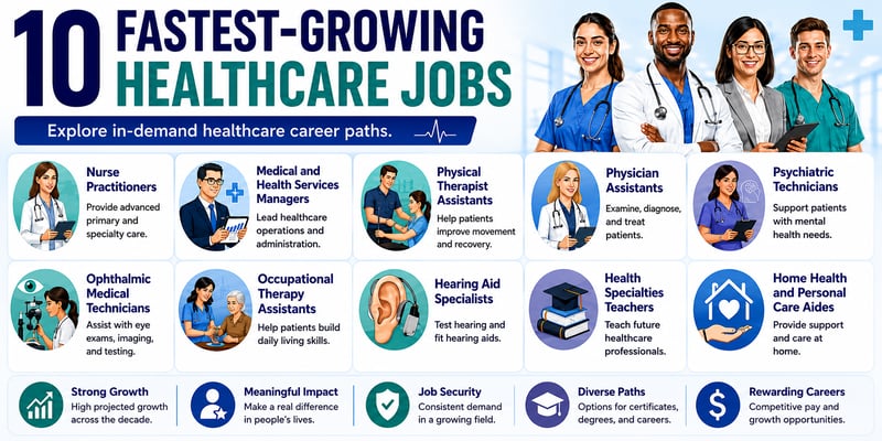Infographic titled "10 Fastest-Growing Healthcare Jobs" listing nurse practitioners, medical and health services managers, physical therapist assistants, physician assistants, psychiatric technicians, ophthalmic medical technicians, occupational therapy assistants, hearing aid specialists, health specialties teachers, and home health and personal care aides.