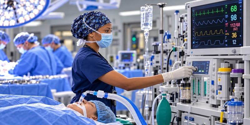 A nurse anesthetist monitors anesthesia equipment and a patient’s vital signs during surgery in an operating room.