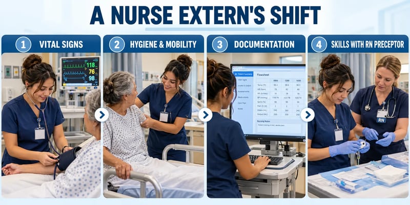 A Nurse Extern’s Shift graphic showing four common duties: taking vital signs, assisting with hygiene and mobility, documenting patient care, and performing skills with an RN preceptor.