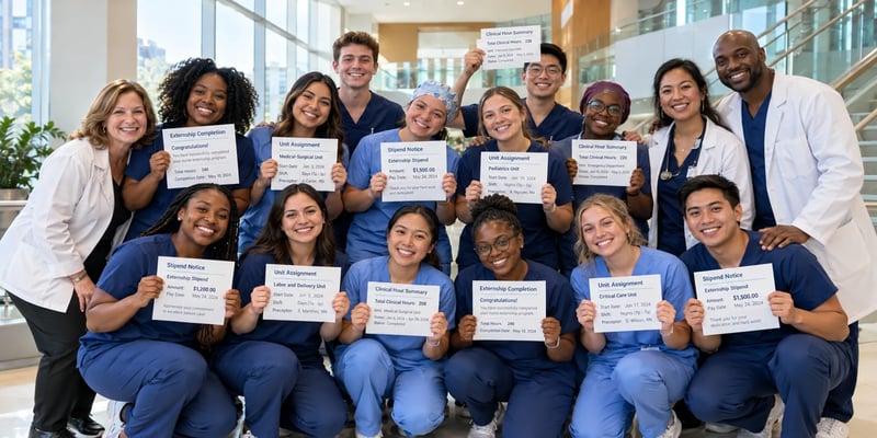 A group of nurse externs and clinical staff pose in a hospital while holding externship completion, unit assignment, clinical hour, and stipend documents.