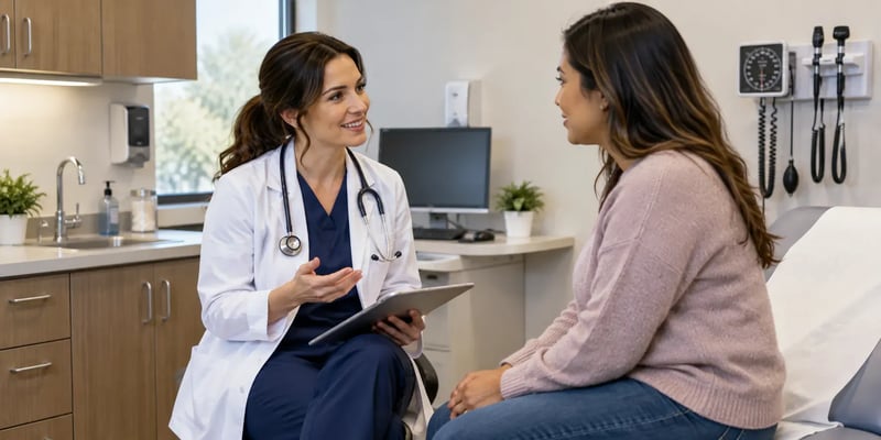 A nurse practitioner speaks with a patient during a clinic visit while holding a tablet in an exam room.