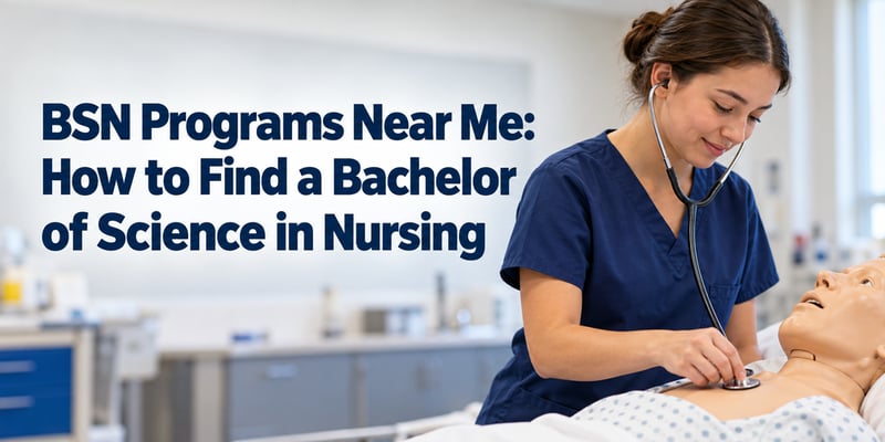 Nursing student in navy scrubs using a stethoscope on a training manikin in a nursing school simulation lab