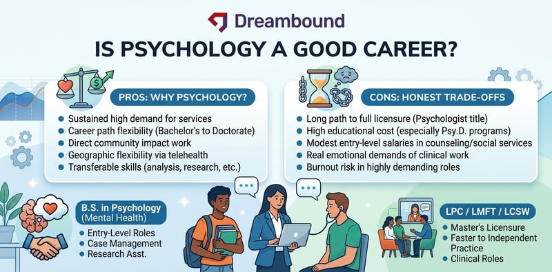 Dreambound career guide answering is psychology a good career, showing pros including high demand and career flexibility from Bachelor's to Doctorate, and cons including long licensure path, high educational costs, and modest entry-level salaries in counseling and social services.
