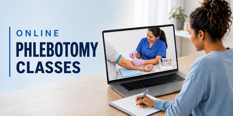 A student takes notes at home while watching a laptop showing a phlebotomist draw blood, with the text Online Phlebotomy Classes.