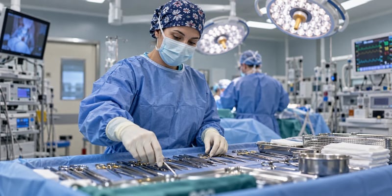 An operating room nurse in surgical attire organizes sterile instruments on a table while a surgical team works in the background.